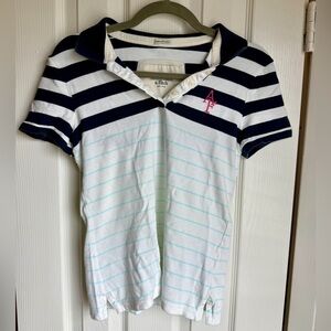 ABERCROMBIE & FITCH Vintage Henley Button Top Striped Fitting Polo White Navy L